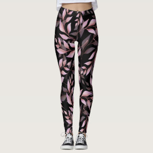 Pastel Pink Leaves on Black  Leggings