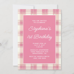 Pastel Pink Linen Gingham 1st Birthday Invitation