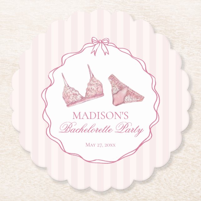 Pastel Pink Lingerie Lace Bachelorette Party Paper Coaster (Front)