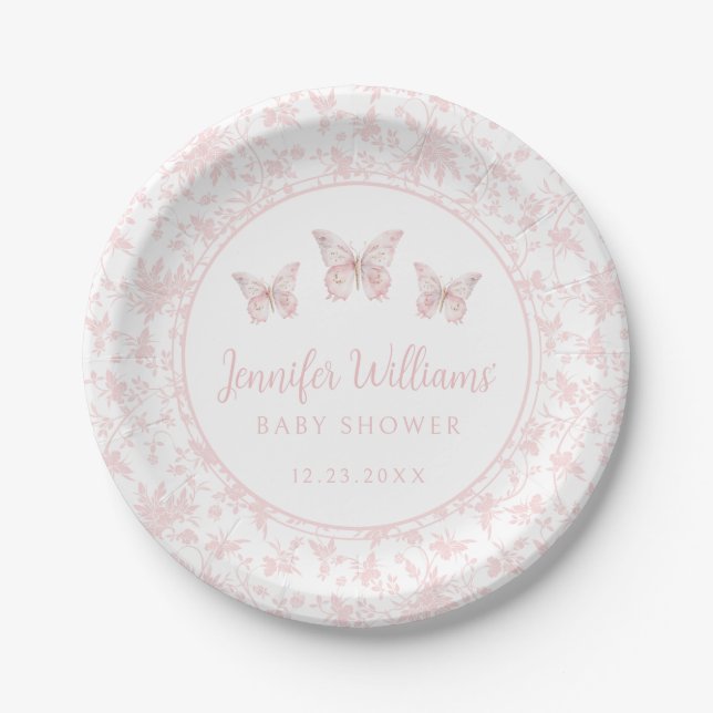 Pastel pink little butterfly baby girl shower paper plate (Front)