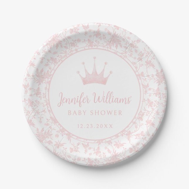 Pastel pink little princess crown baby girl shower paper plate (Front)