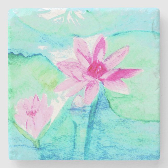 Pastel Pink Lotus Flowers Watercolor Stone Coaster (Front)