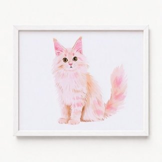 Pastel Pink Maine Coon Cat Painting Poster