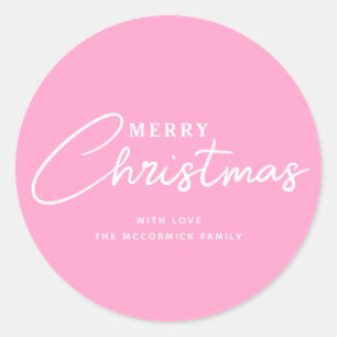 Pastel Pink Merry Christmas Script Name Classic Round Sticker