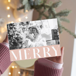 Pastel Pink Merry & Family Photo   Happy Holiday Postcard