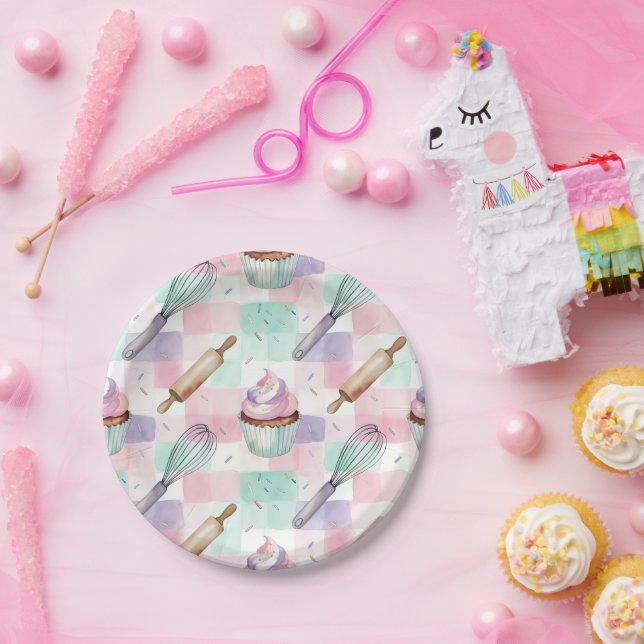 Pastel Pink & Mint Cupcake Baking Pattern Paper Plate (Party)