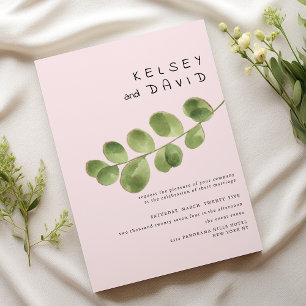 Pastel pink mint gold eucalyptus leaf wedding invitation