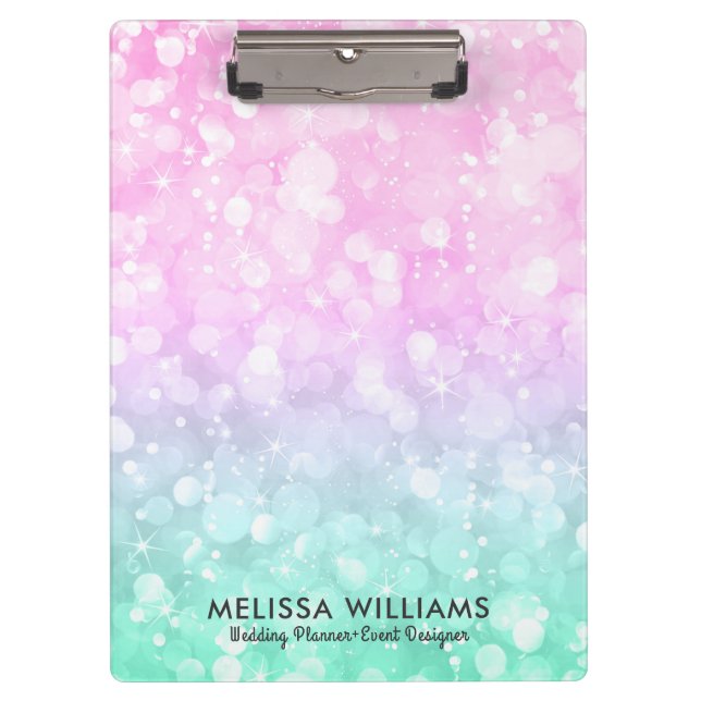 Pastel Pink & Mint-Green Glam Bokeh Glitter Clipboard (Front)