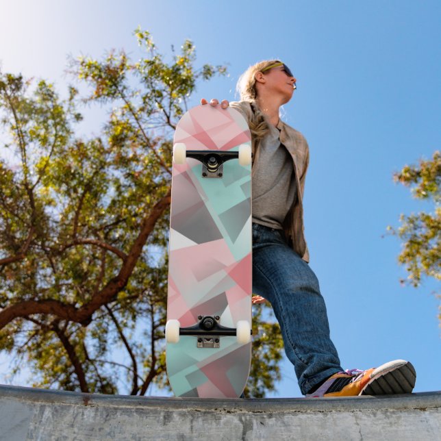 Pastel Pink Mint Green Grey White Polygon Pattern Skateboard (Outdoor 1)