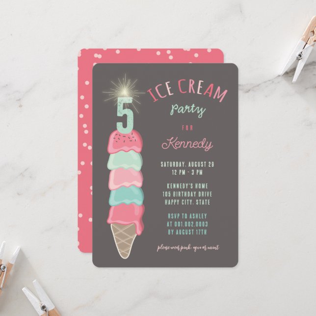 Pastel Pink Mint Ice Cream Girl 5th Birthday Party Invitation (Front/Back In Situ)