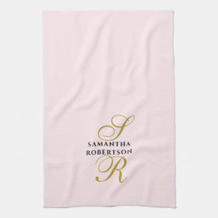 Pastel Pink Monogram Gold Black Name Minimalist Tea Towel