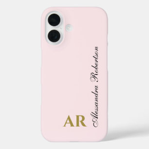 Pastel Pink Monogram Minimalist Elegant Gold Black iPhone 16 Case