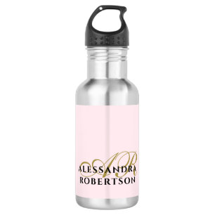 Pastel Pink Monogram Minimalist Gold Black Elegant 532 Ml Water Bottle