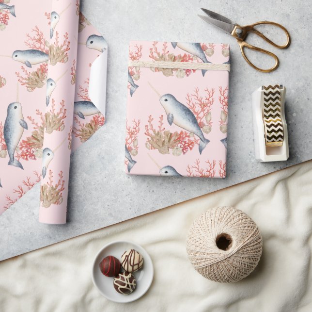 Pastel Pink Ocean baby Narwhal colourful seashells Wrapping Paper (Crafts)