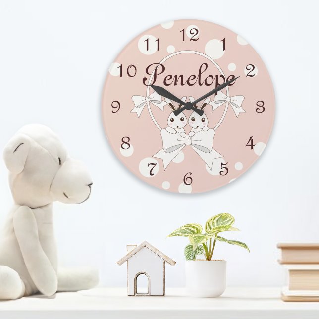 Pastel Pink Off-White Ribbon and Cute Twin Bunny Large Clock (Creator Uploaded)