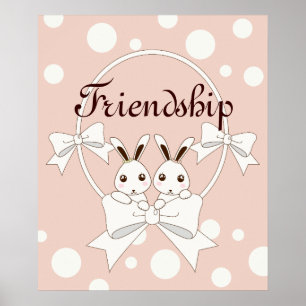 Pastel Pink Off-White Ribbon and Cute Twin Bunny Poster