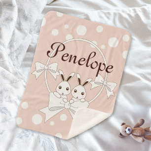 Pastel Pink Off-White Ribbon and Cute Twin Bunny Sherpa Blanket