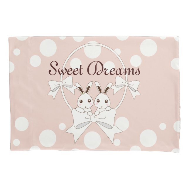 Pastel Pink Off-White Ribbon Cute Twin Bunny Girl Pillowcase (Front)