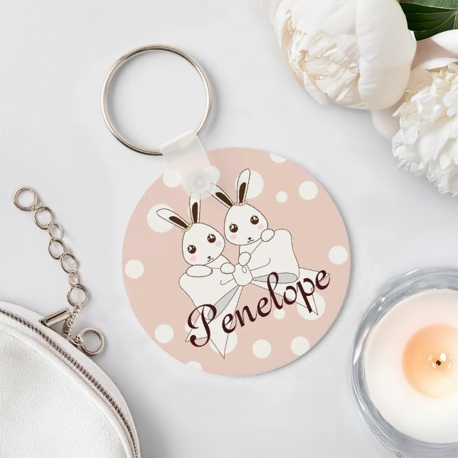 Pastel Pink Off-White Ribbon Cute Twin Bunny Key Ring (Creator Uploaded)