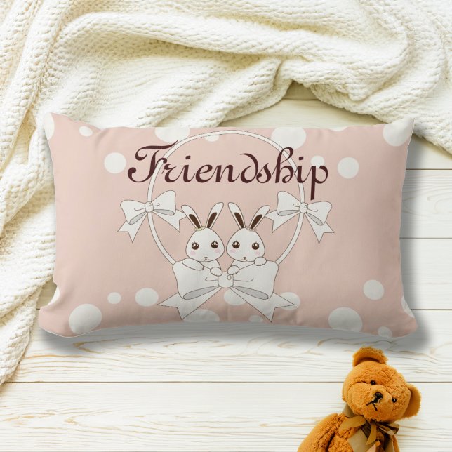 Pastel Pink Off-White Ribbon Cute Twin Bunny Kids Lumbar Cushion (Creator Uploaded)