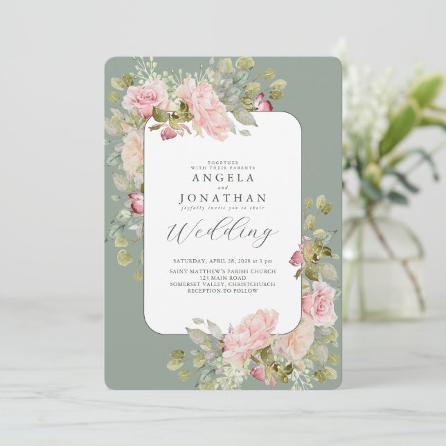 Pastel Pink Olive Green Wedding Invitation (Standing Front)