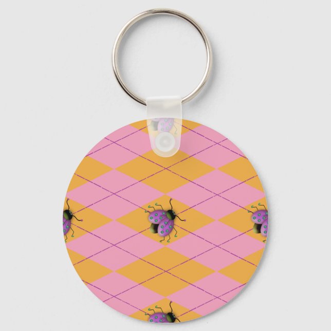 Pastel Pink & Orange Argyle Ladybug Key Ring (Front)