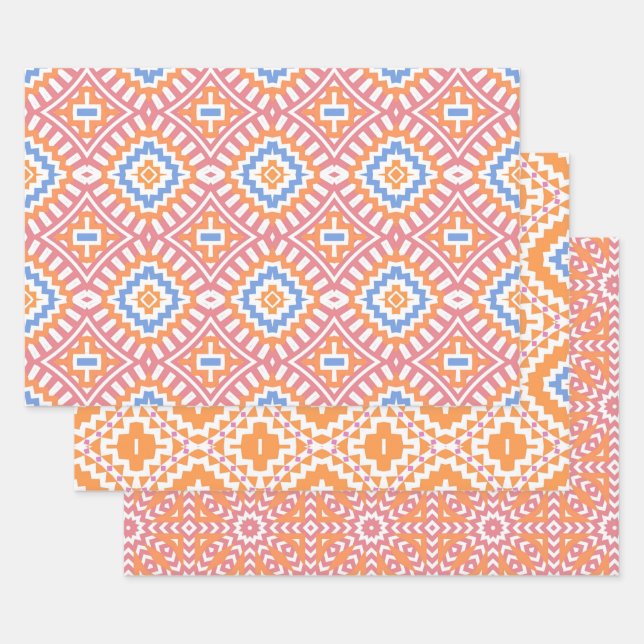 Pastel Pink Orange Moroccan Geometric Patterns Wrapping Paper Sheet (Set)
