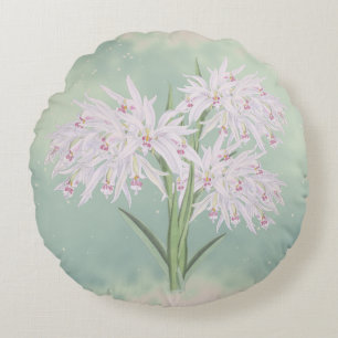 Pastel Pink Orchids on Green Floral  Round Cushion