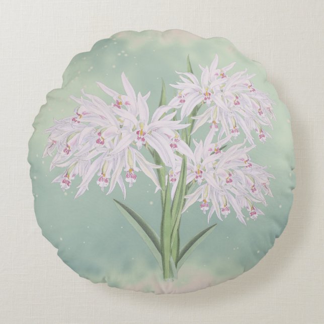 Pastel Pink Orchids on Green Floral  Round Cushion (Front)
