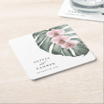 Pastel Pink Orchids on Monstera Tropical Wedding  Square Paper Coaster<br><div class="desc">Bring your tropical wedding vision to life with this uniquely beautiful watercolor floral wedding coasters. This custom design features a trio of pastel pink orchids and a beautiful monstera leaf in soft watercolors. The design is both simple and elegant with a minimalist look energised by the tropical botanical elements. It...</div>