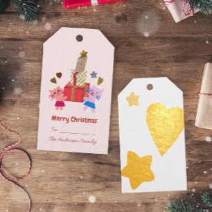 Pastel Pink Origami Paper Collage Cats Christmas Gift Tags