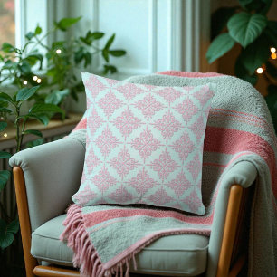 Pastel Pink over Teal Damask Pattern Cushion