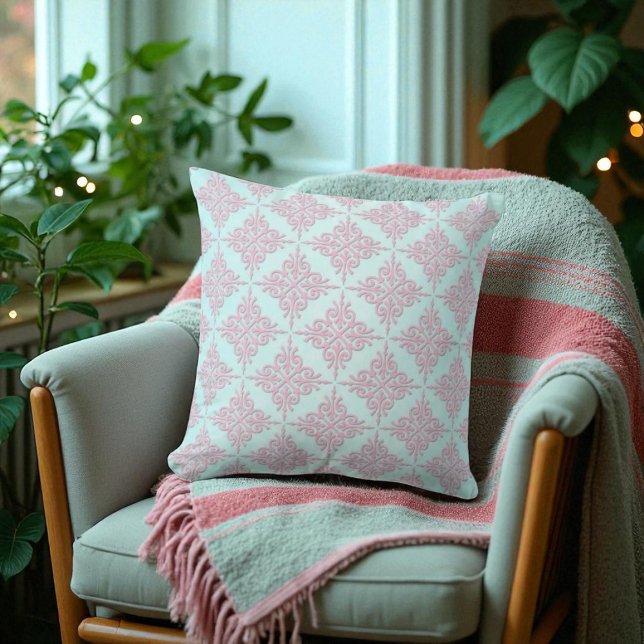 Pastel Pink over Teal Damask Pattern Cushion (Creator Uploaded)