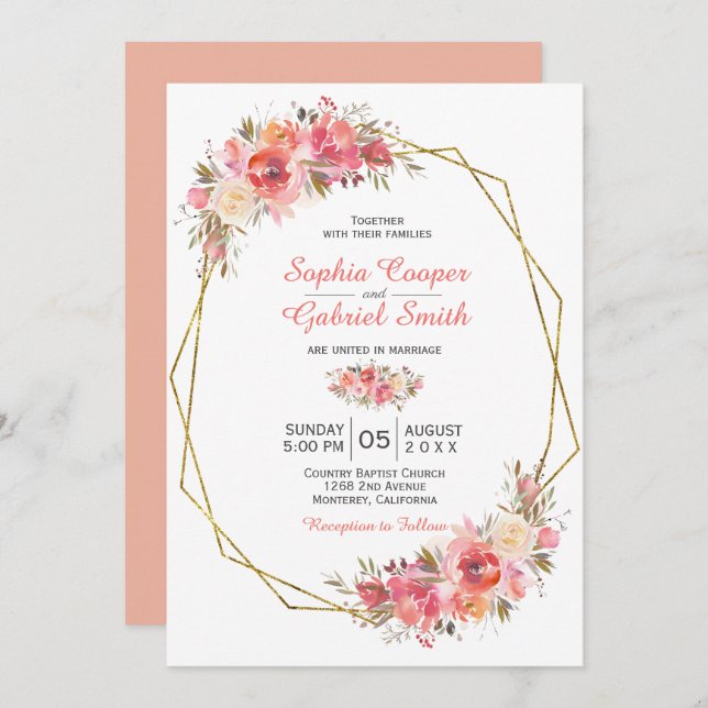 Pastel Pink Peach Rose Floral | Gold Frame Wedding Invitation (Front/Back)