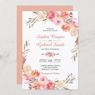 Pastel Pink Peach Rose Floral Wedding Invitation