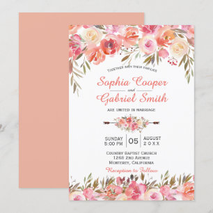 Pastel Pink Peach Rose Floral Wedding Invitation
