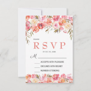 Pastel Pink Peach Rose Floral Wedding RSVP card