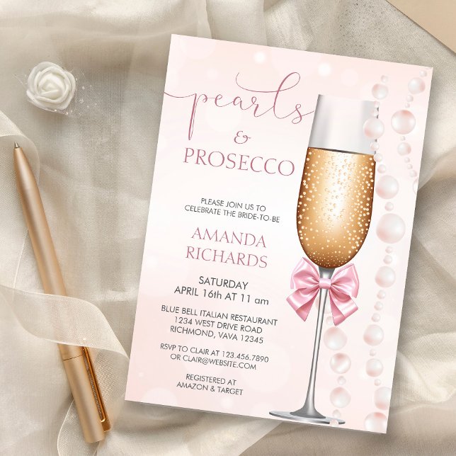 Pastel Pink Pearls and Prosecco Bridal Shower Invitation (Creator Uploaded)