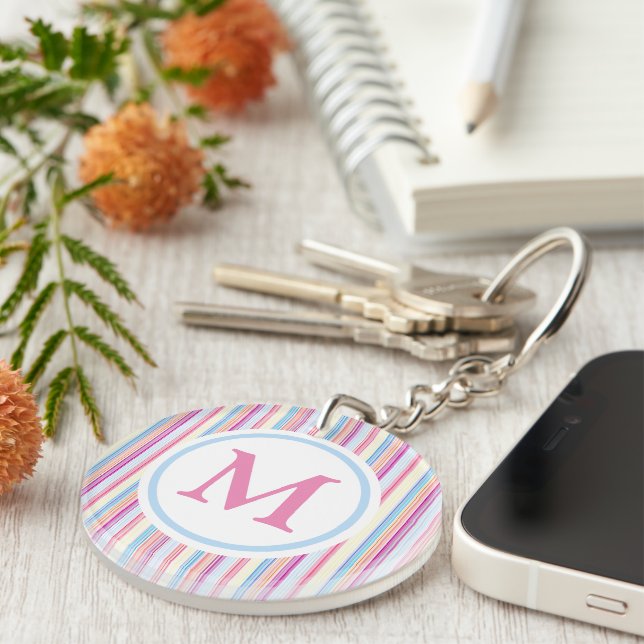 Pastel Pink Pencil Stripes Monogram Key Ring (Front Right)