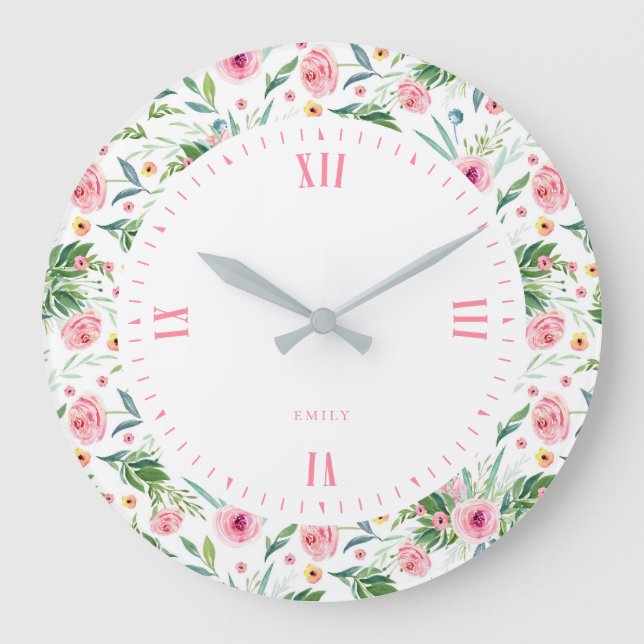 Pastel pink peonies pattern large clock (Front)