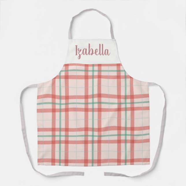 Pastel Pink Plaid Custom Name Kitchen Apron (Front)