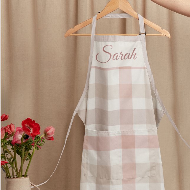 Pastel Pink Plaid Custom Name Kitchen Apron (Creator Uploaded)