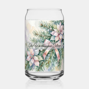 Pastel Pink Poinsettia Pine Watercolor Christmas Can Glass