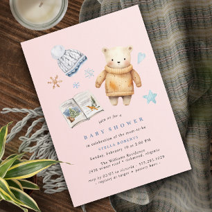 Pastel Pink   Polar Bear Winter Girl Baby Shower Invitation