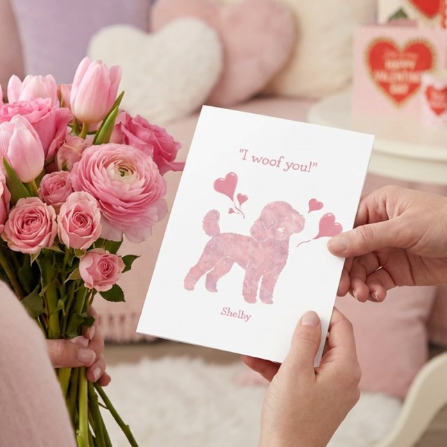 Pastel Pink Poodle - Valentine Personalised Name Holiday Card (Creator Uploaded)