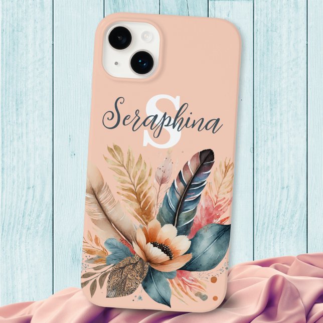 Pastel Pink Pretty Floral Elegant Monogrammed Case-Mate iPhone Case (A pretty, monogrammed phone case in peach pink, with feathers, leaves and flower design)