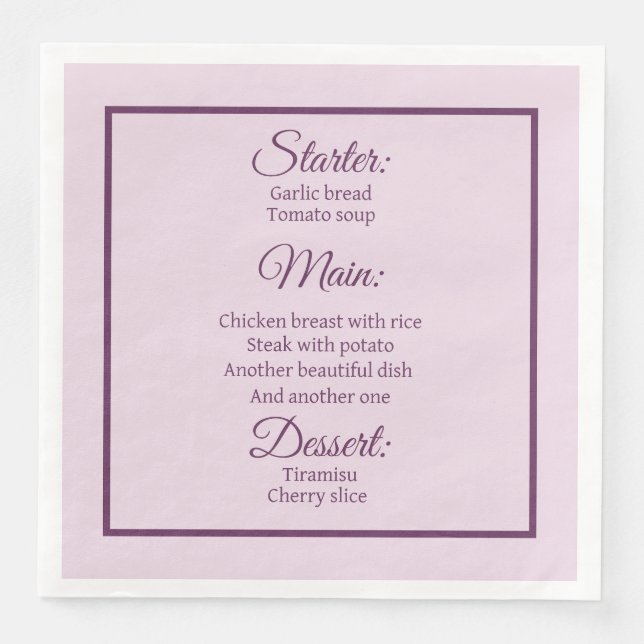 Pastel pink printed menu personalized napkin (Front)