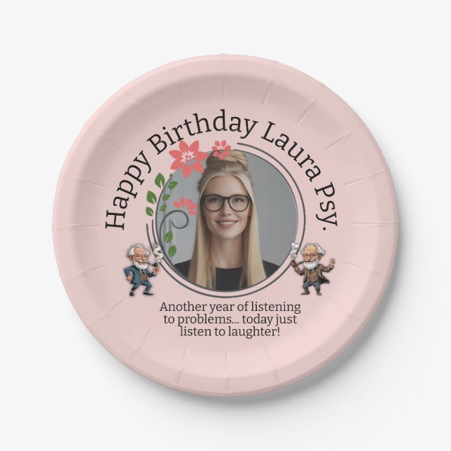 Pastel Pink Psychology Birthday Photo Frame Freud  Paper Plate (Front)