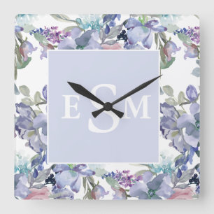 Pastel Pink Purple Dusty Blue Floral Monogram Square Wall Clock