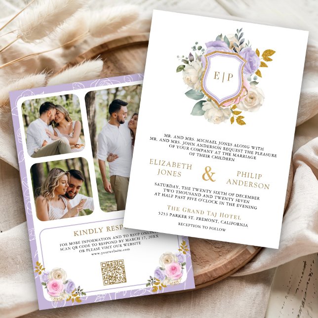 Pastel Pink Purple Floral QR Code Crest Wedding Invitation (Creator Uploaded)